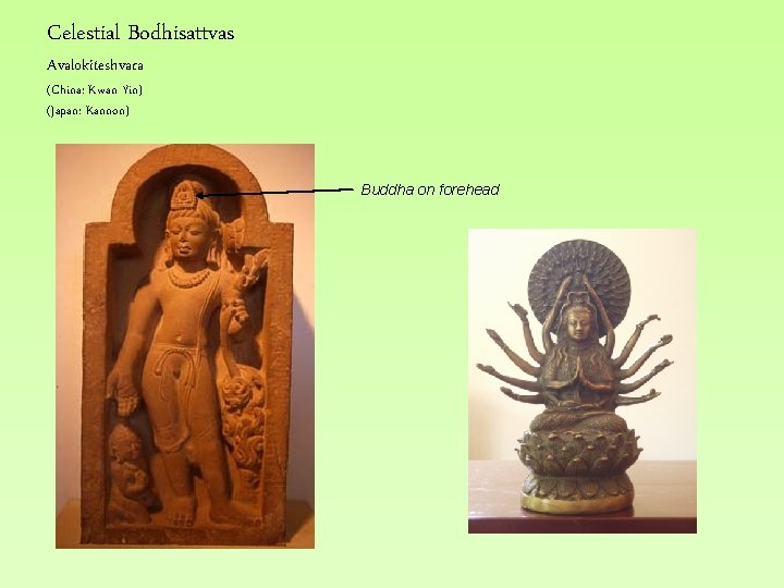 Celestial Bodhisattvas Avalokiteshvara (China: Kwan Yin) (Japan: Kannon) Buddha on forehead 