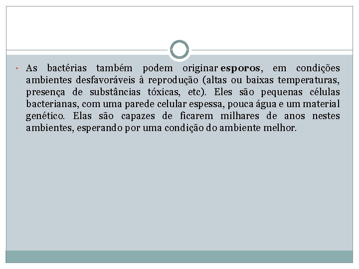  • As bactérias também podem originar esporos, em condições ambientes desfavoráveis à reprodução