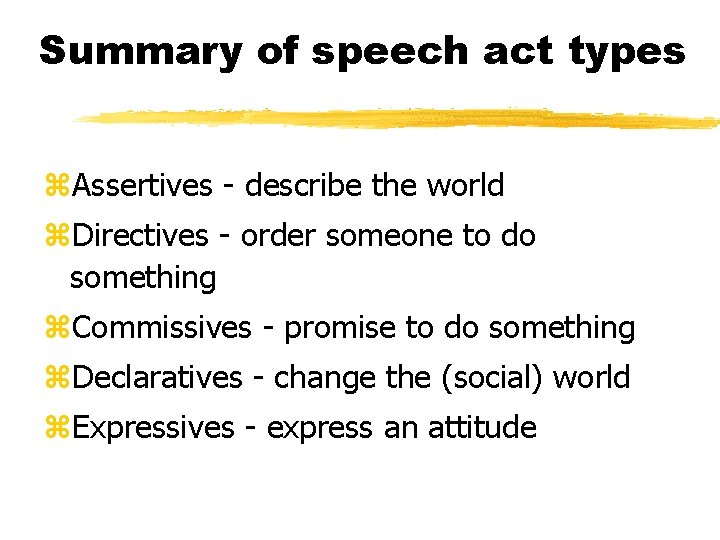 Summary of speech act types z. Assertives - describe the world z. Directives -