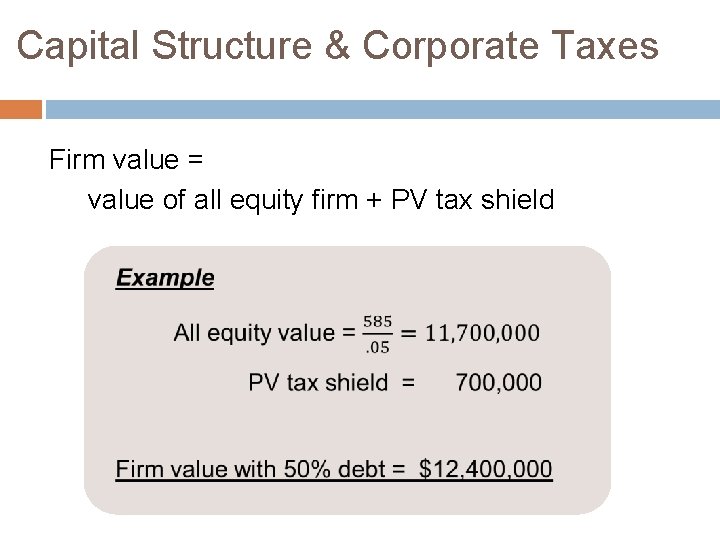 Capital Structure & Corporate Taxes Firm value = value of all equity firm +