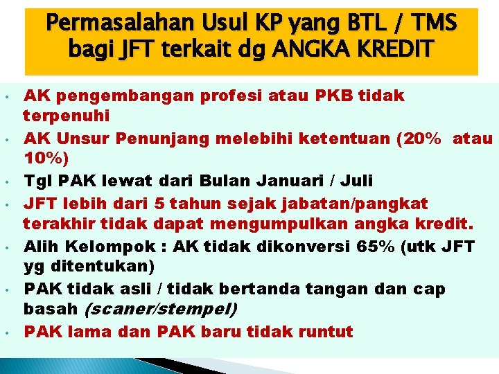 Permasalahan Usul KP yang BTL / TMS bagi JFT terkait dg ANGKA KREDIT •