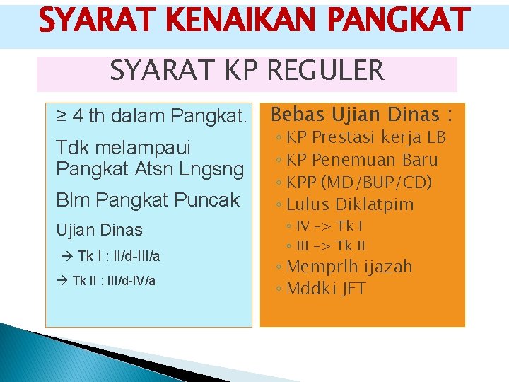 SYARAT KENAIKAN PANGKAT SYARAT KP REGULER ≥ 4 th dalam Pangkat. Tdk melampaui Pangkat