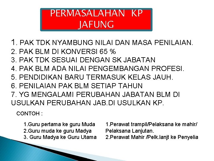 PERMASALAHAN KP JAFUNG 1. PAK TDK NYAMBUNG NILAI DAN MASA PENILAIAN. 2. PAK BLM