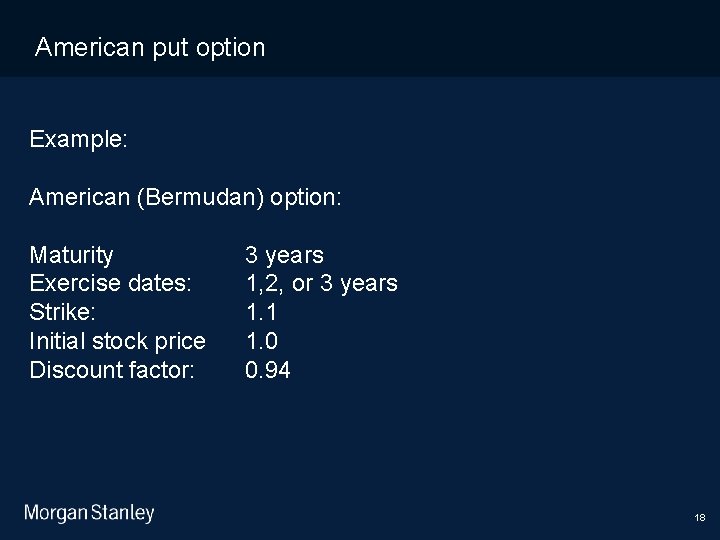 11/10/2020 American put option Example: American (Bermudan) option: Maturity Exercise dates: Strike: Initial stock