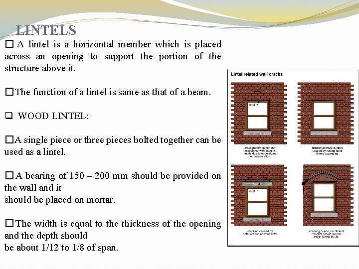 LINTELS � A lintel is a horizontal member which is placed across an opening