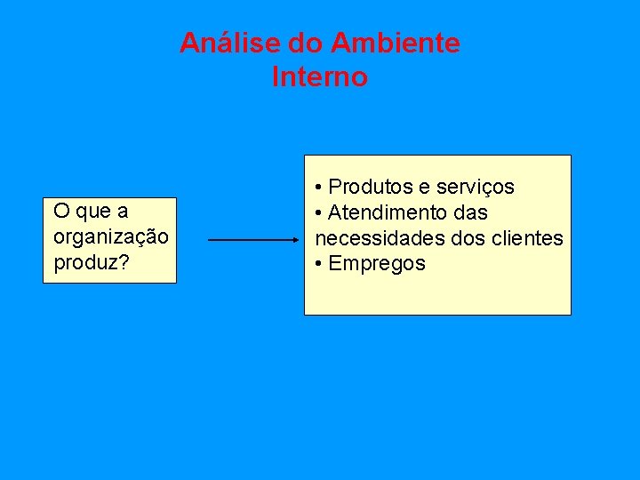 Análise do Ambiente Interno O que a organização produz? • Produtos e serviços •