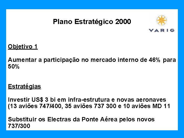 Plano Estratégico 2000 Objetivo 1 Aumentar a participação no mercado interno de 46% para