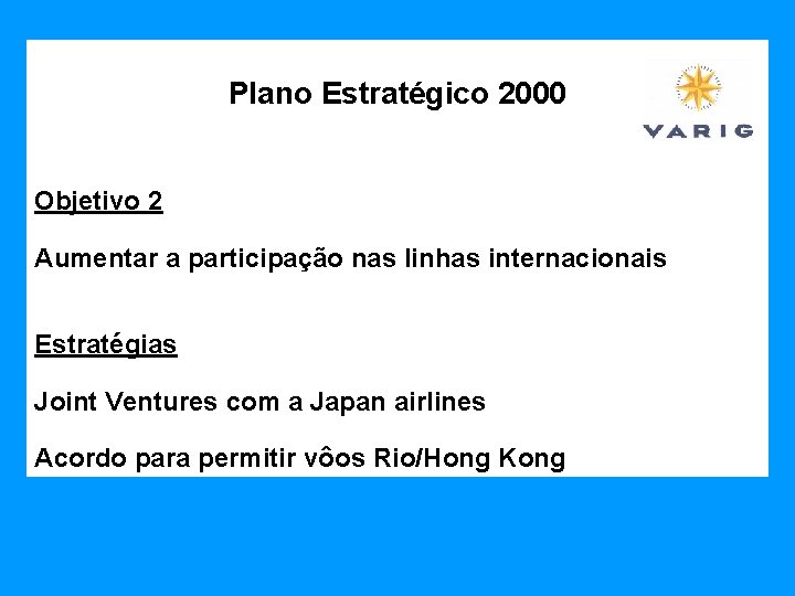 Plano Estratégico 2000 Objetivo 2 Aumentar a participação nas linhas internacionais Estratégias Joint Ventures