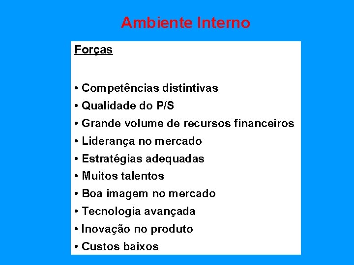 Ambiente Interno Forças • Competências distintivas • Qualidade do P/S • Grande volume de