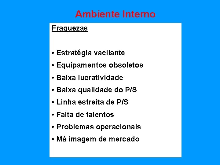 Ambiente Interno Fraquezas • Estratégia vacilante • Equipamentos obsoletos • Baixa lucratividade • Baixa