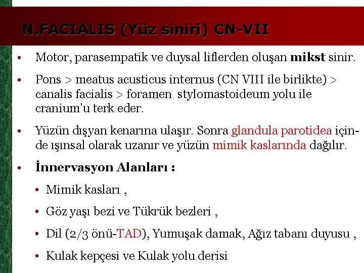 N. FACIALIS (Yüz siniri) CN-VII • Motor, parasempatik ve duysal liflerden oluşan mikst sinir.