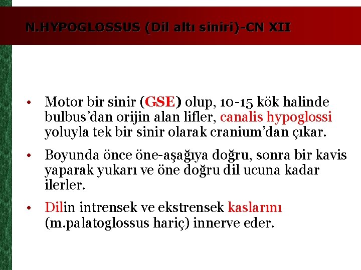 N. HYPOGLOSSUS (Dil altı siniri)-CN XII • Motor bir sinir (GSE) olup, 10 -15