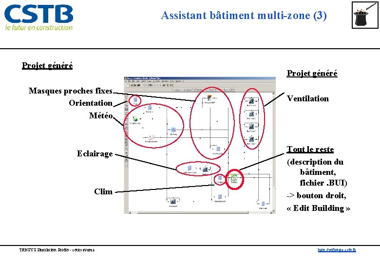 Assistant bâtiment multi-zone (3) Projet généré Masques proches fixes Orientation Météo Eclairage Clim TRNSYS