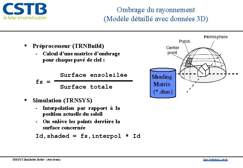 Ombrage du rayonnement (Modèle détaillé avec données 3 D) • Préprocesseur (TRNBuild) - Calcul