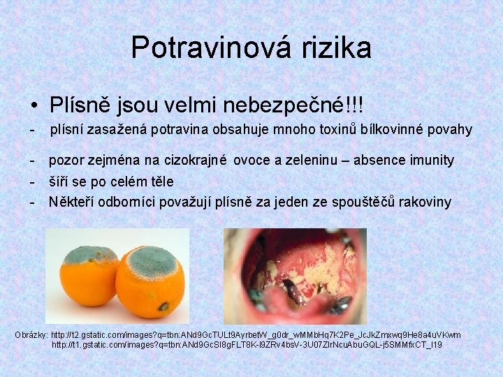 Potravinová rizika • Plísně jsou velmi nebezpečné!!! - plísní zasažená potravina obsahuje mnoho toxinů