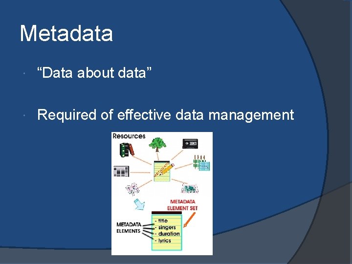 Metadata “Data about data” Required of effective data management 