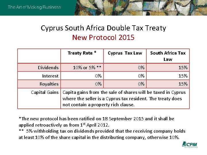 Cyprus South Africa Double Tax Treaty New Protocol 2015 Treaty Rate * Cyprus Tax