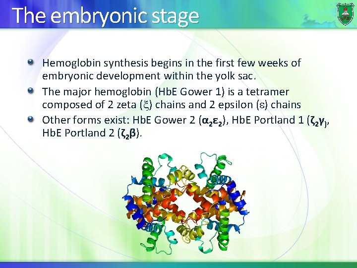 The embryonic stage Hemoglobin synthesis begins in the first few weeks of embryonic development