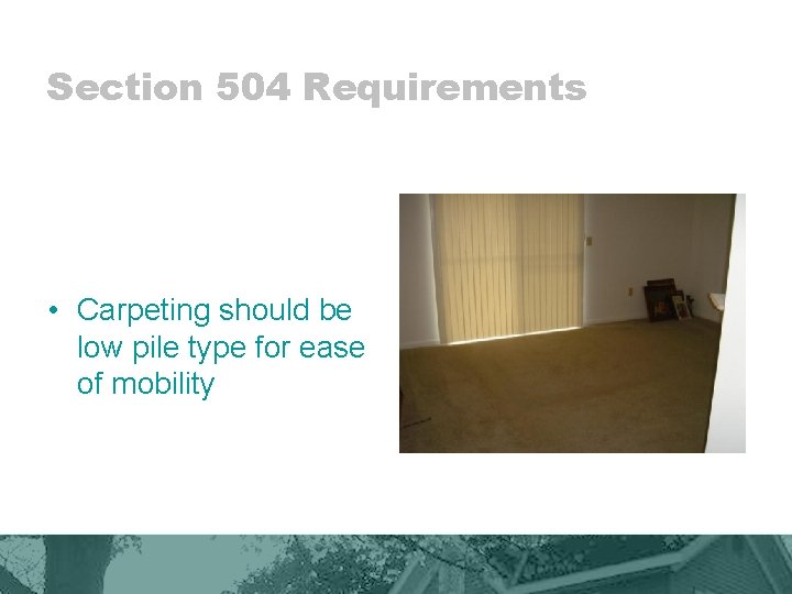 Section 504 Requirements • Carpeting should be low pile type for ease of mobility