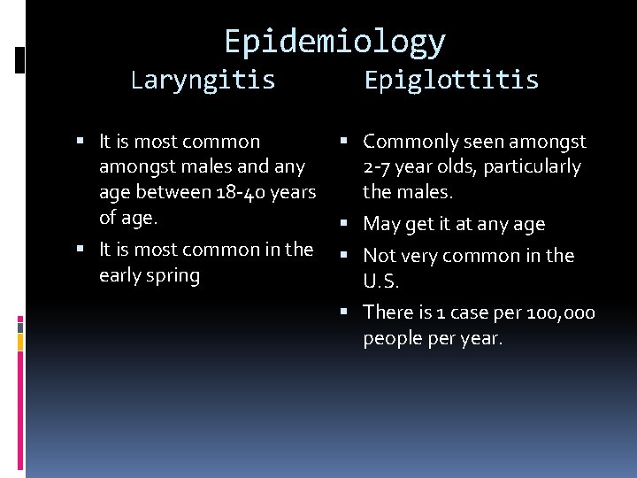 Epidemiology Laryngitis Epiglottitis It is most common amongst males and any age between 18