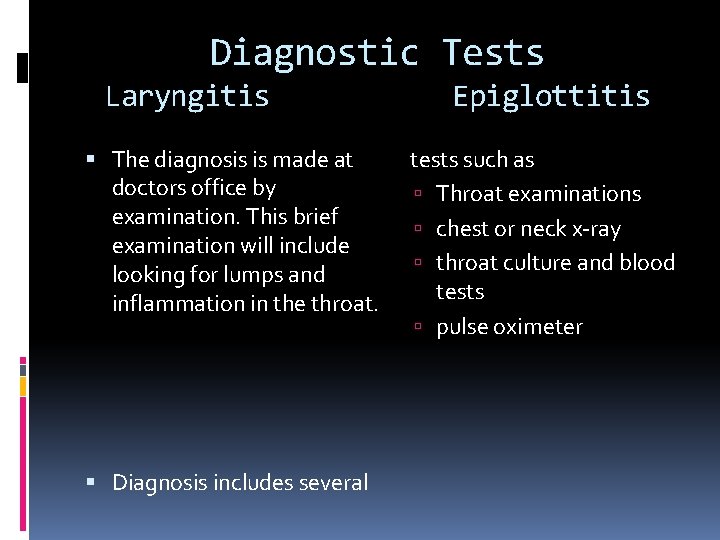 Diagnostic Tests Laryngitis The diagnosis is made at doctors office by examination. This brief