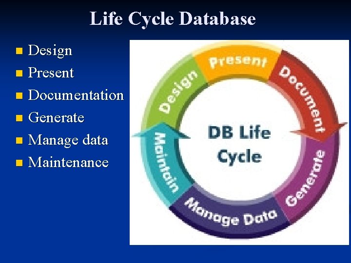 Life Cycle Database Design n Present n Documentation n Generate n Manage data n