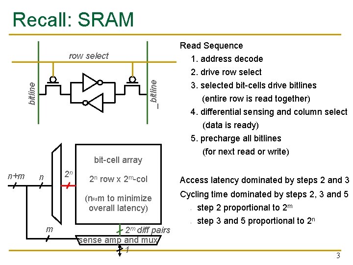 Recall: SRAM Read Sequence bitline _bitline row select bit-cell array n+m 2 n n