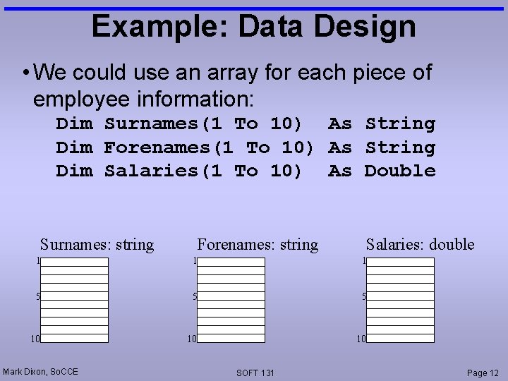 Example: Data Design • We could use an array for each piece of employee