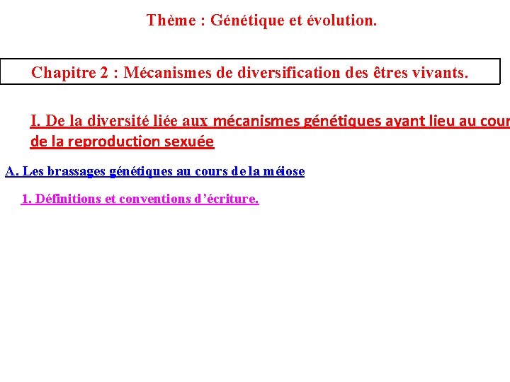 Thème : Génétique et évolution. Chapitre 2 : Mécanismes de diversification des êtres vivants.