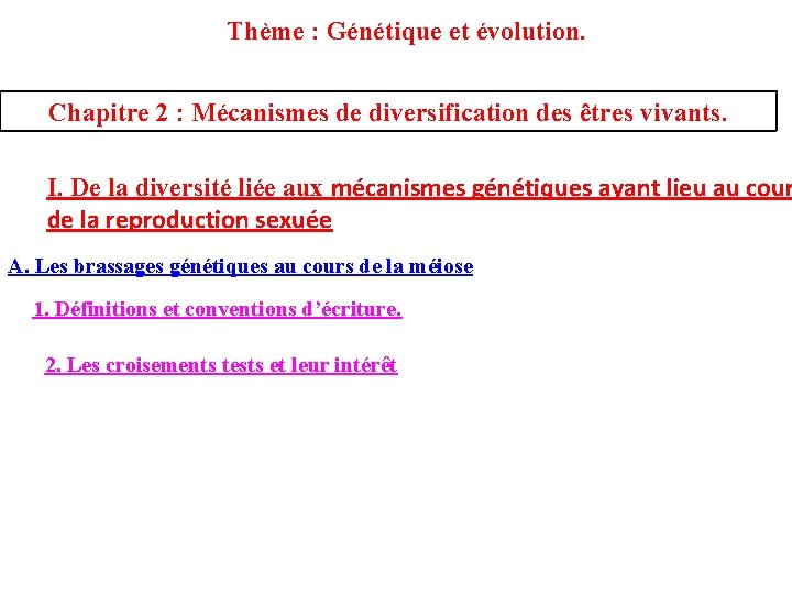 Thème : Génétique et évolution. Chapitre 2 : Mécanismes de diversification des êtres vivants.