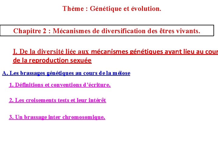 Thème : Génétique et évolution. Chapitre 2 : Mécanismes de diversification des êtres vivants.