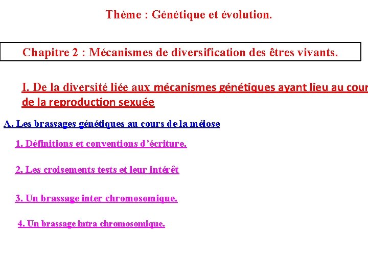 Thème : Génétique et évolution. Chapitre 2 : Mécanismes de diversification des êtres vivants.
