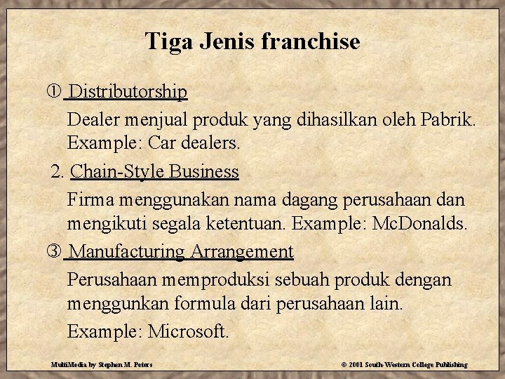 Tiga Jenis franchise Distributorship Dealer menjual produk yang dihasilkan oleh Pabrik. Example: Car dealers.