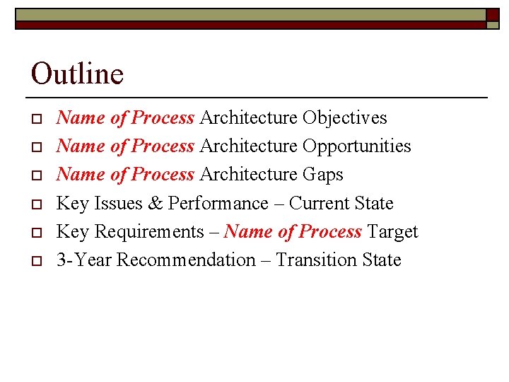 Outline o o o Name of Process Architecture Objectives Name of Process Architecture Opportunities