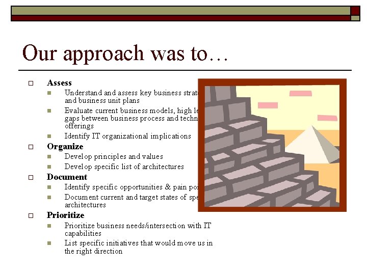 Our approach was to… o Assess n n n o Organize n n o