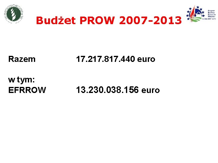Budżet PROW 2007 -2013 Razem 17. 217. 817. 440 euro w tym: EFRROW 13.