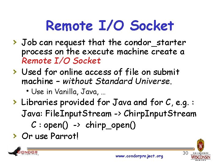 Remote I/O Socket › Job can request that the condor_starter › process on the