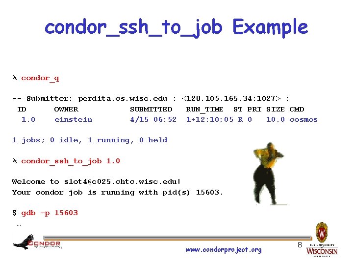 condor_ssh_to_job Example % condor_q -- Submitter: perdita. cs. wisc. edu : <128. 105. 165.