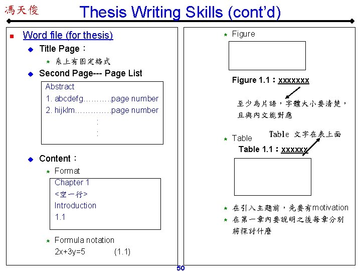 Thesis Writing Skills (cont’d) 馮天俊 n Word file (for thesis) u 系上有固定格式 Second Page---