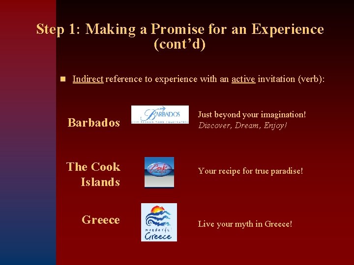 Step 1: Making a Promise for an Experience (cont’d) n Indirect reference to experience
