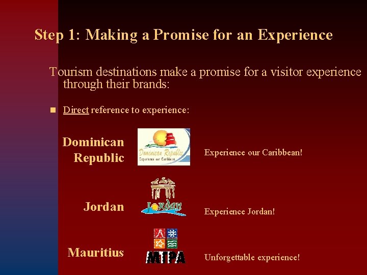 Step 1: Making a Promise for an Experience Tourism destinations make a promise for