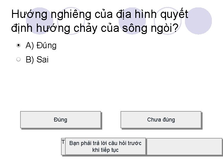 Hướng nghiêng của địa hình quyết định hướng chảy của sông ngòi? A) Đúng