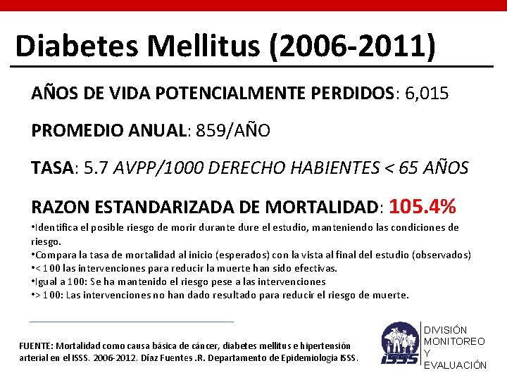 Diabetes Mellitus (2006 -2011) AÑOS DE VIDA POTENCIALMENTE PERDIDOS: PERDIDOS 6, 015 PROMEDIO ANUAL: