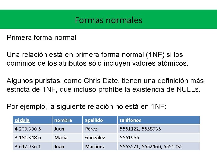 Formas normales Primera forma normal Una relación está en primera forma normal (1 NF)