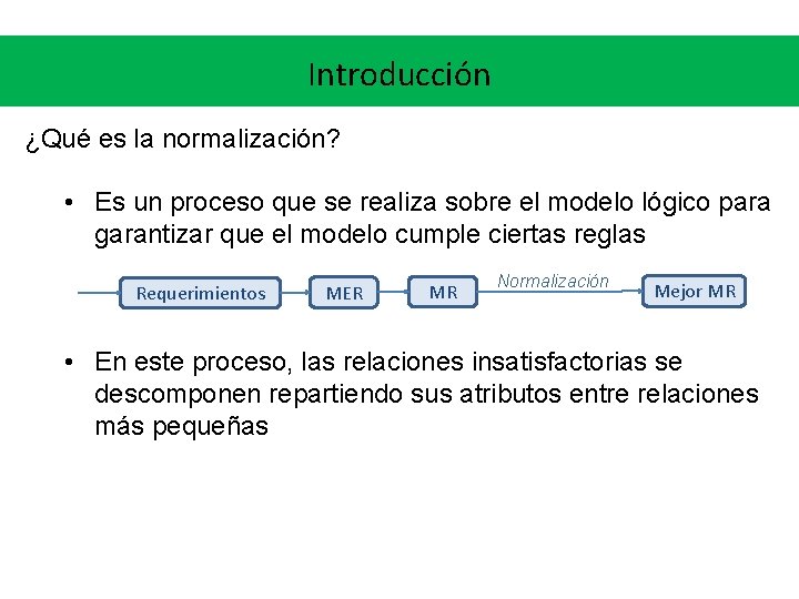 Introducción ¿Qué es la normalización? • Es un proceso que se realiza sobre el