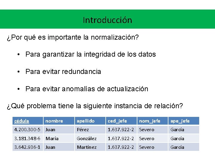 Introducción ¿Por qué es importante la normalización? • Para garantizar la integridad de los