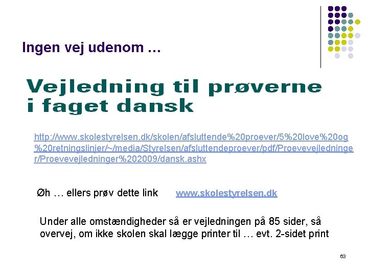 Ingen vej udenom … http: //www. skolestyrelsen. dk/skolen/afsluttende%20 proever/5%20 love%20 og %20 retningslinjer/~/media/Styrelsen/afsluttendeproever/pdf/Proevevejledninge r/Proevevejledninger%202009/dansk.