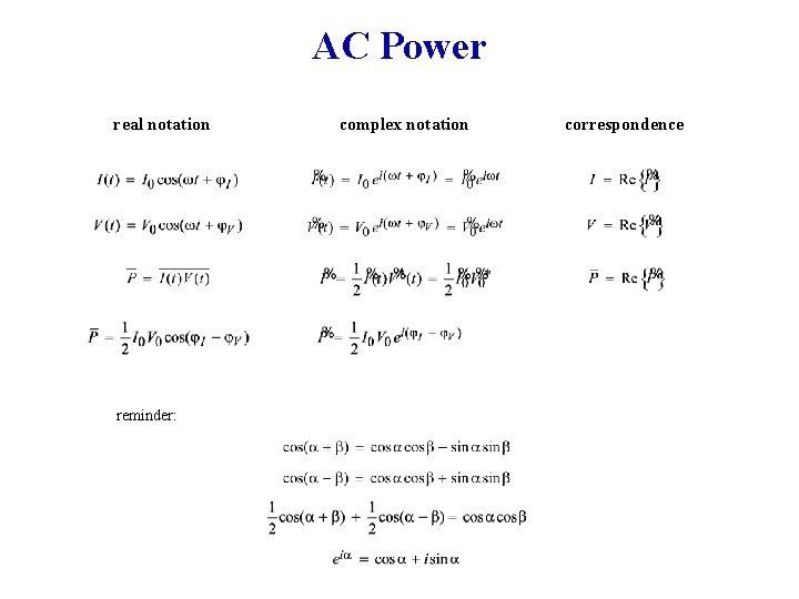 AC Power real notation reminder: complex notation correspondence 