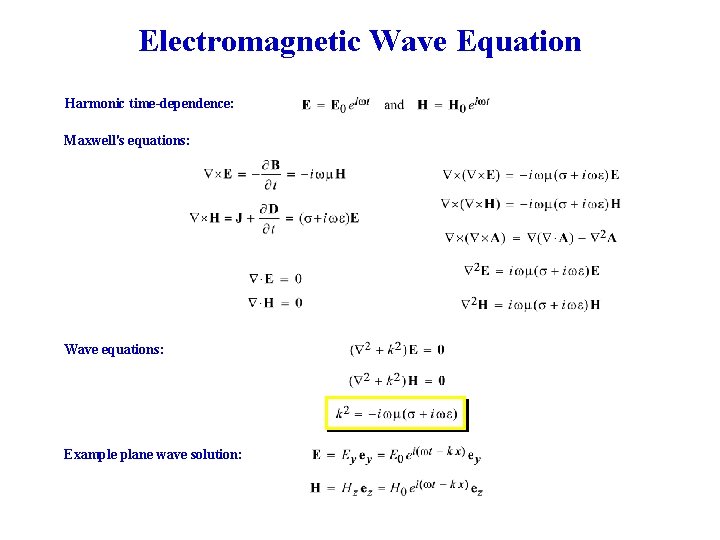 Electromagnetic Wave Equation Harmonic time-dependence: Maxwell's equations: Wave equations: Example plane wave solution: 