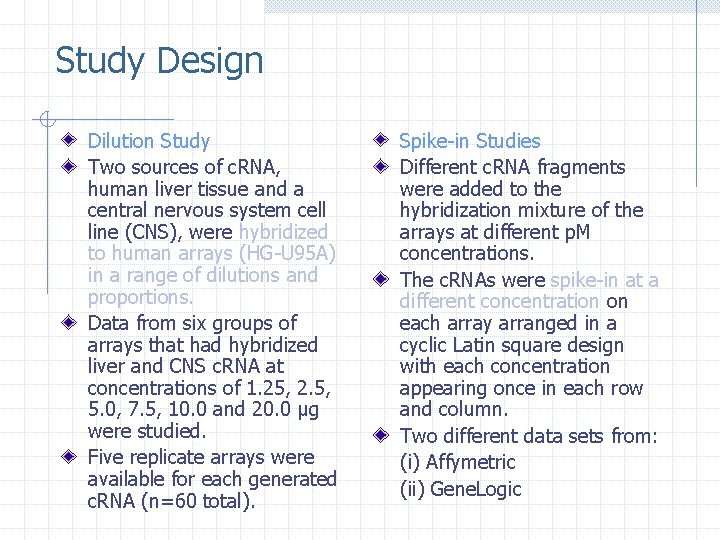 Study Design Dilution Study Two sources of c. RNA, human liver tissue and a